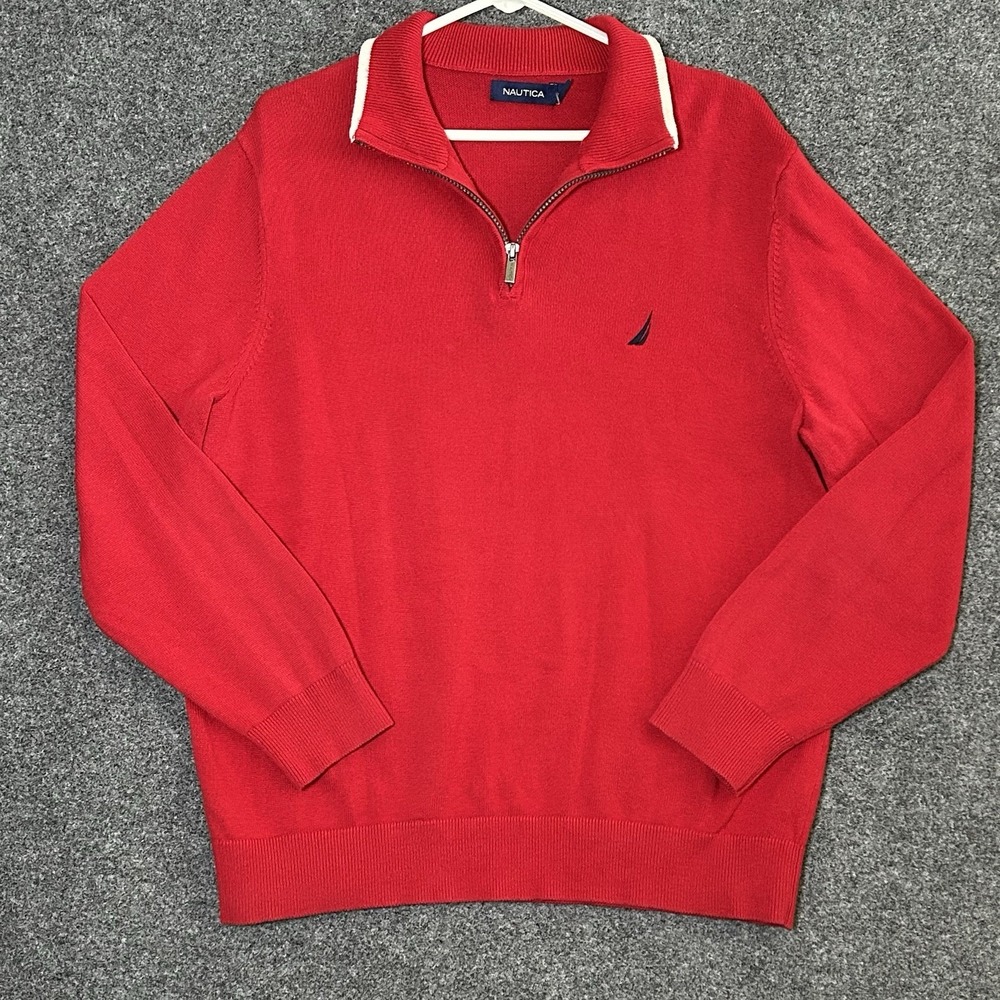 Nautica 1/4 Zip Pullover Sweater - Men's LARGE - Red Casual Preppy Holiday